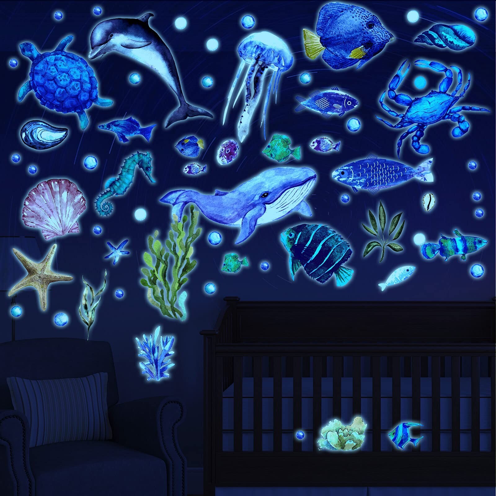 52 Pcs Ocean Fish Wall Decals Glow in The Dark Under The Sea Wall Decals Sea …