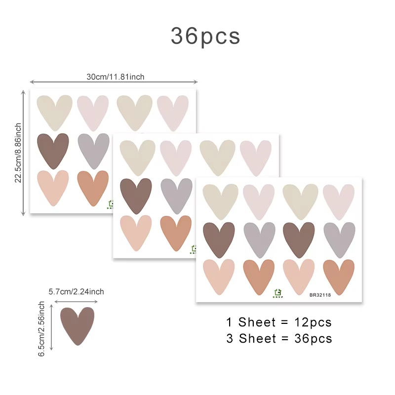 36Pcs Heart Shape Trendy Boho Style Wall Stickers Bohemian Wall Decals for Livin
