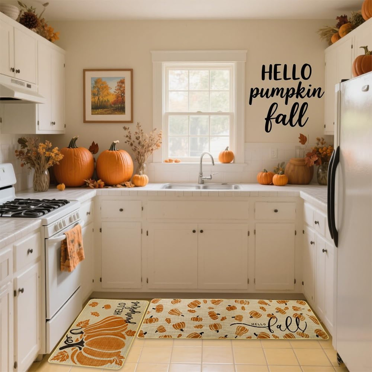 Hello Pumpkin Autumn Kitchen Rugs Set of 2,Hello Fall Leaves Low-Profile Holi…