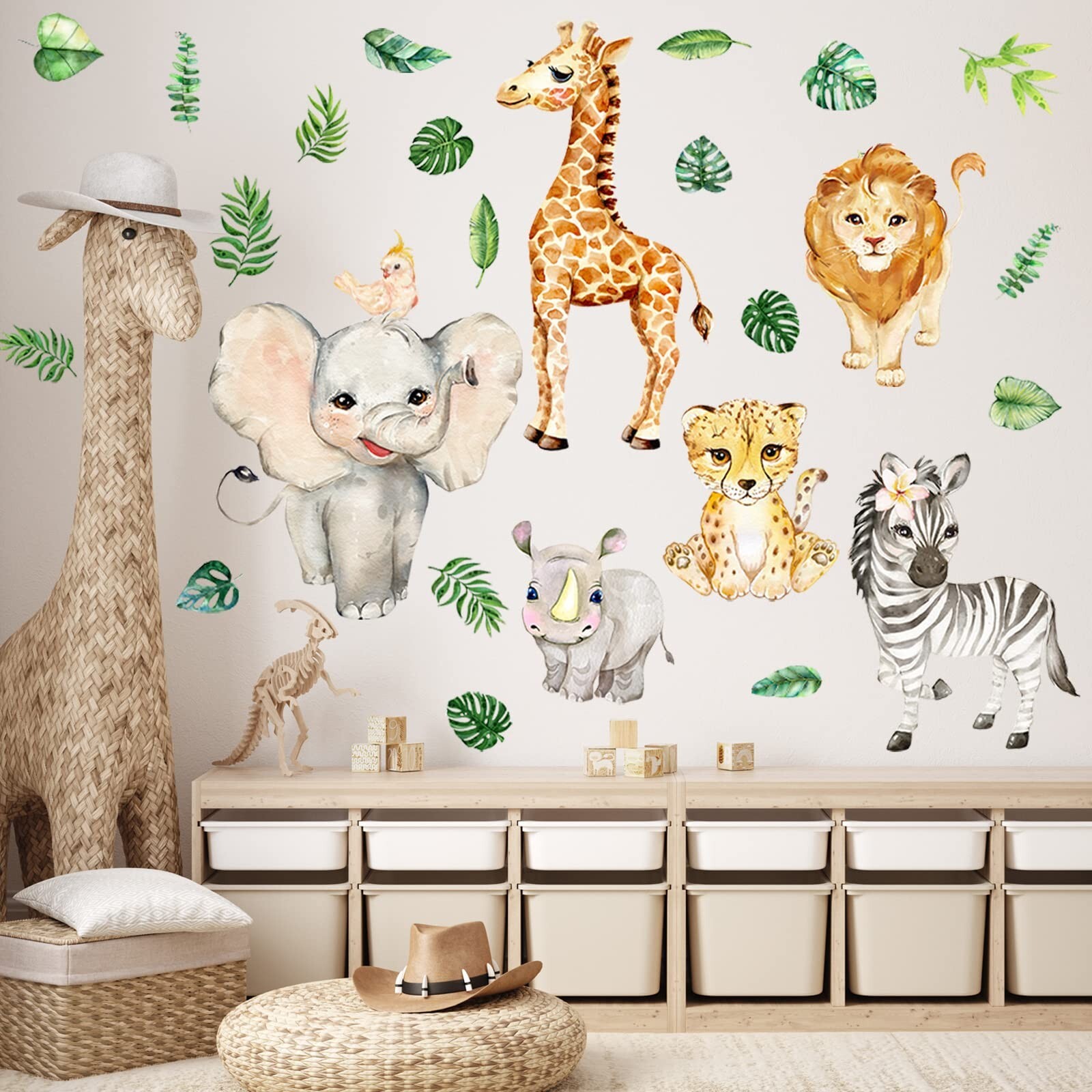 Colarr 2 Sheets Jungle Animals Sun Wall Decals Watercolor Safari Wall Sticker…