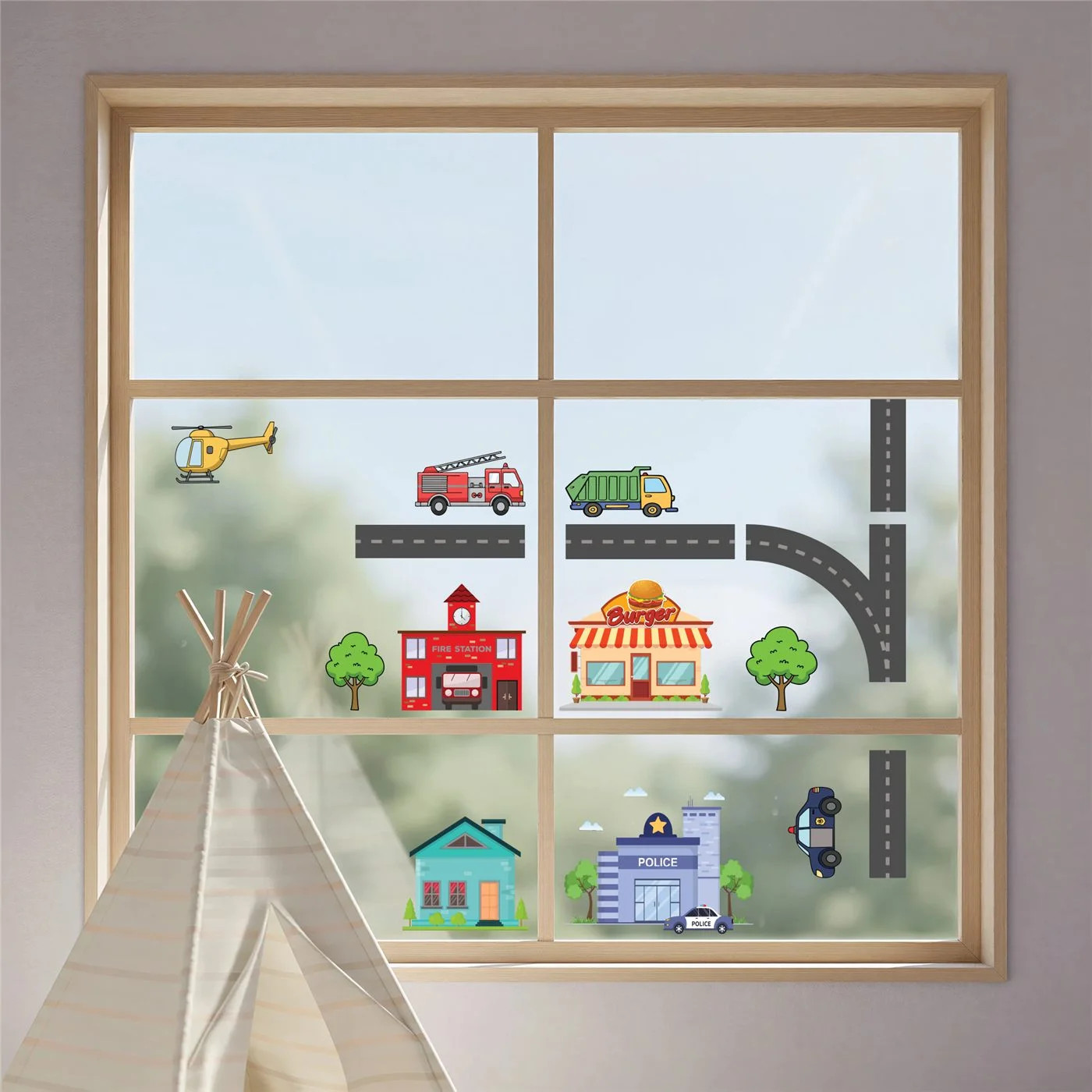 Road & Town Window Cling Set 35 Pc Cars Trucks Kids Static Clings Playroom