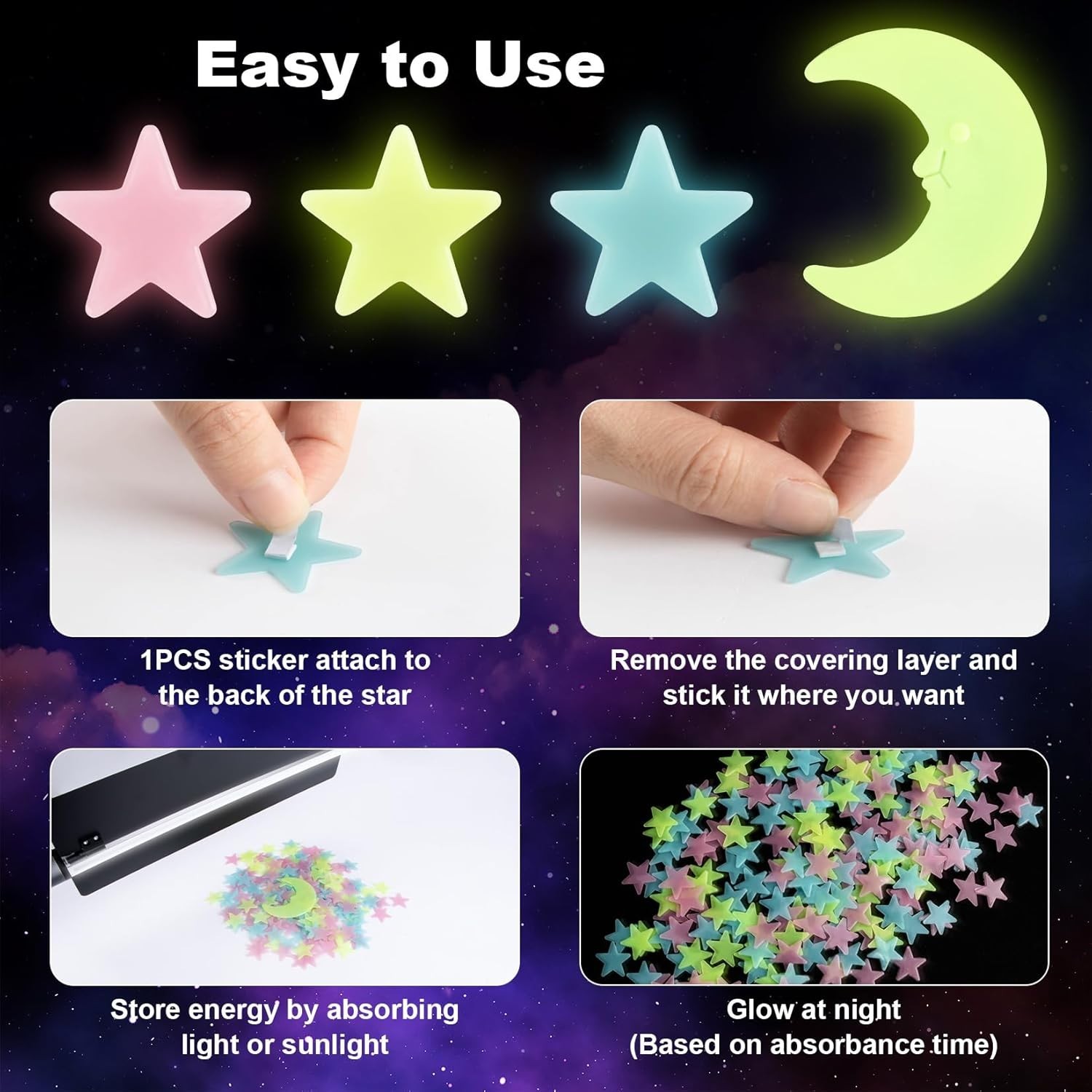 100pcs Glow In The Dark Stars Luminous Wall & Ceiling Star Stickers Home Decor