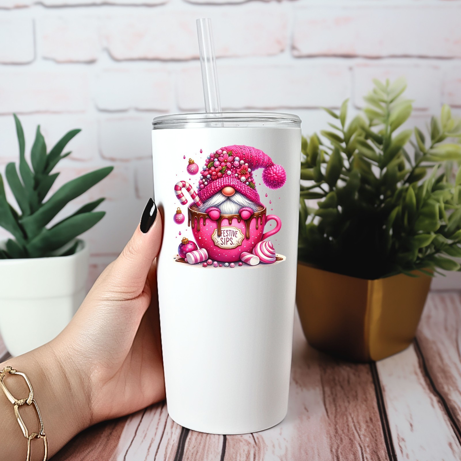 Pink Hot Cocoa Gnome UV DTF Transparent Sticker / Decal