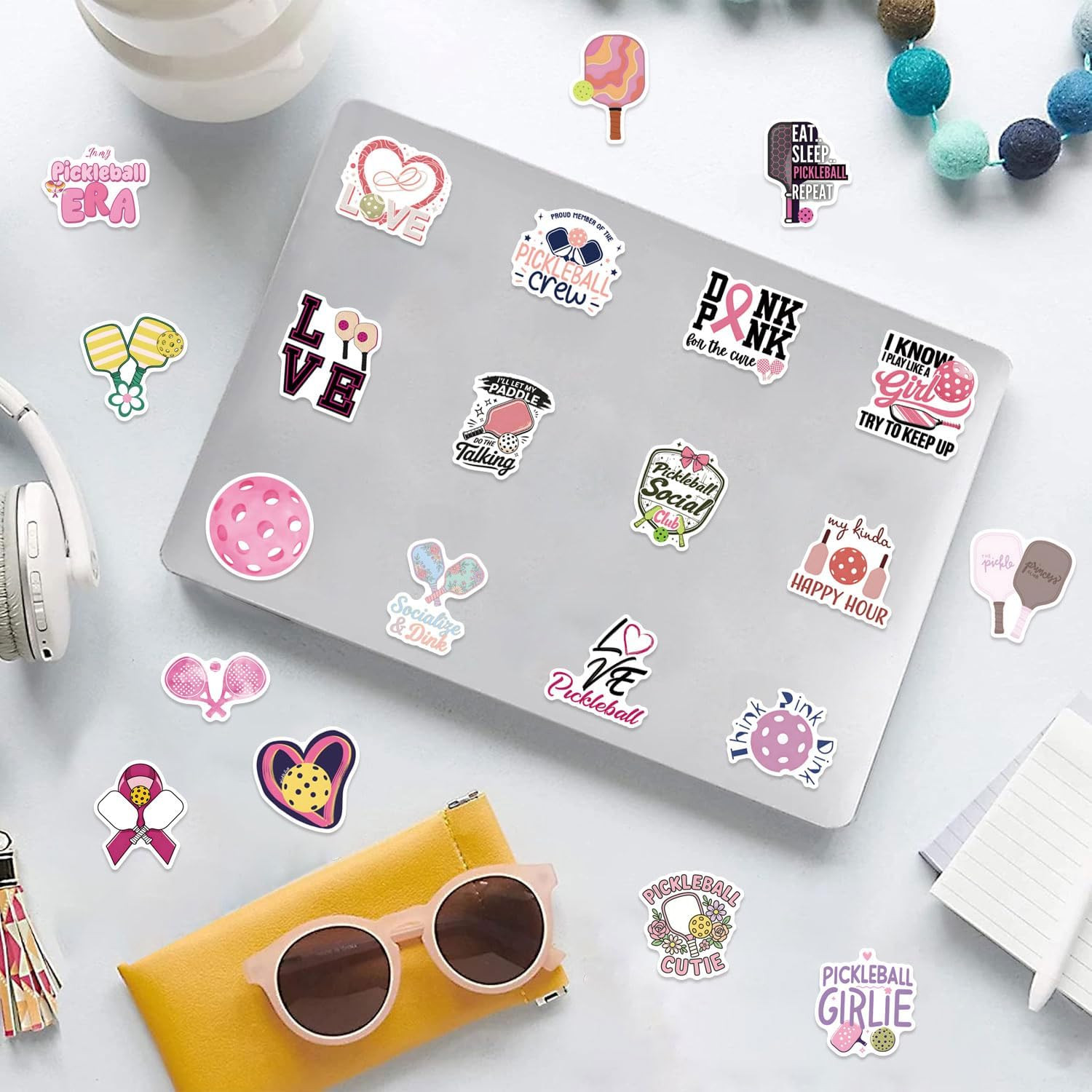 60 Pink Pickleball Stickers – Vinyl Waterproof Decals for Laptops & Water Bottle