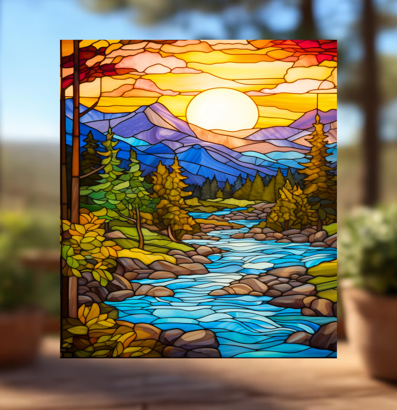 River at Sunset Faux Stained-Glass WINDOW CLING Size 9.3" Repositionable Vinyl