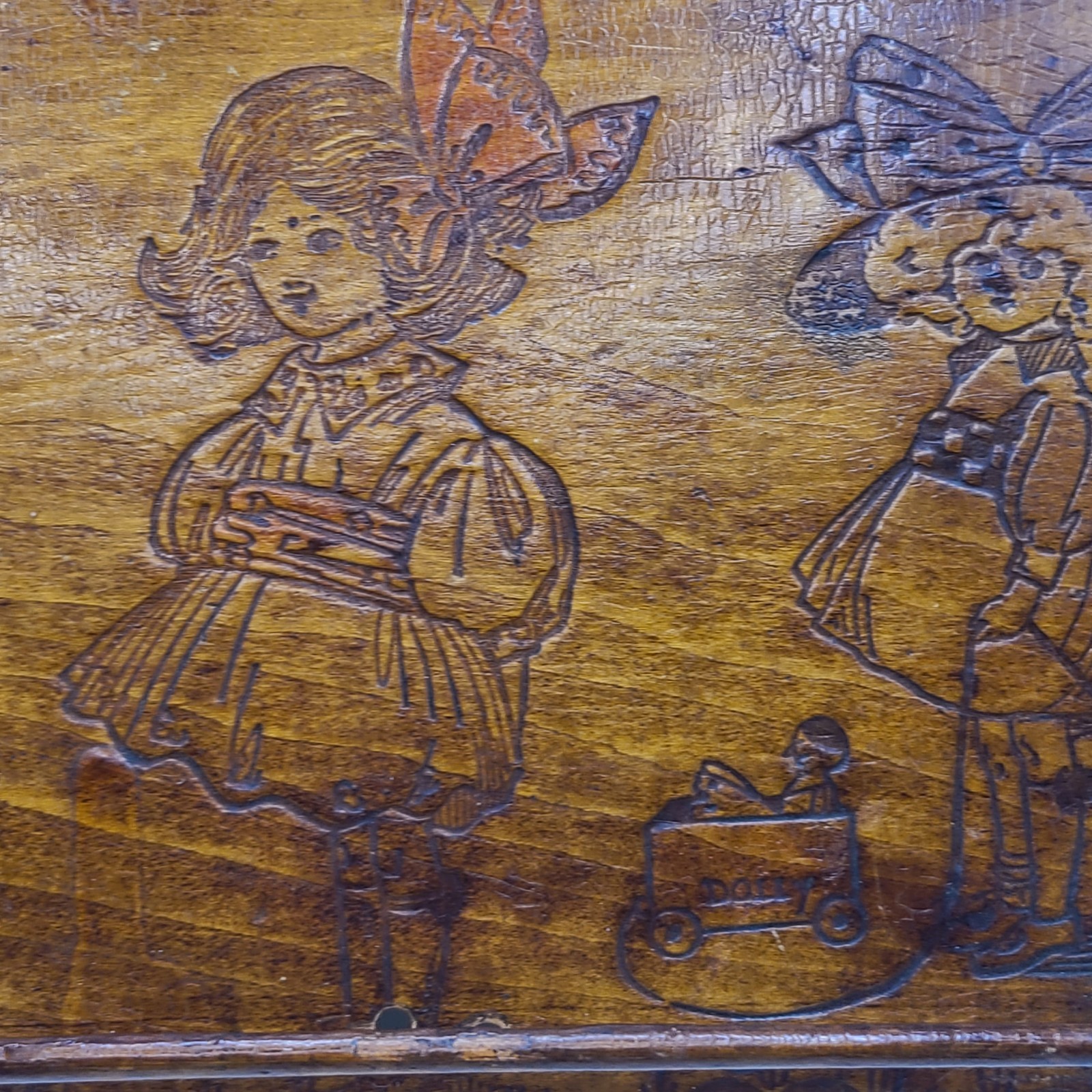 Wood pyography 3 girls w small rod. Vintage for ribbons. Victorian.