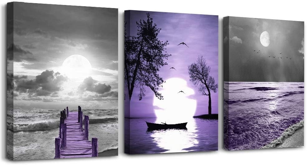 Elegant 3-Piece Framed Canvas Art Set – Modern Landscape in Purple Hues