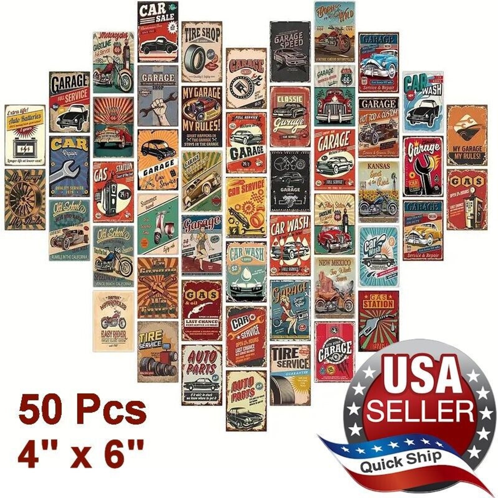 50pcs Vintage Retro Style Car & Petroliana 4x6in Poster Prints Wall Collage Kit