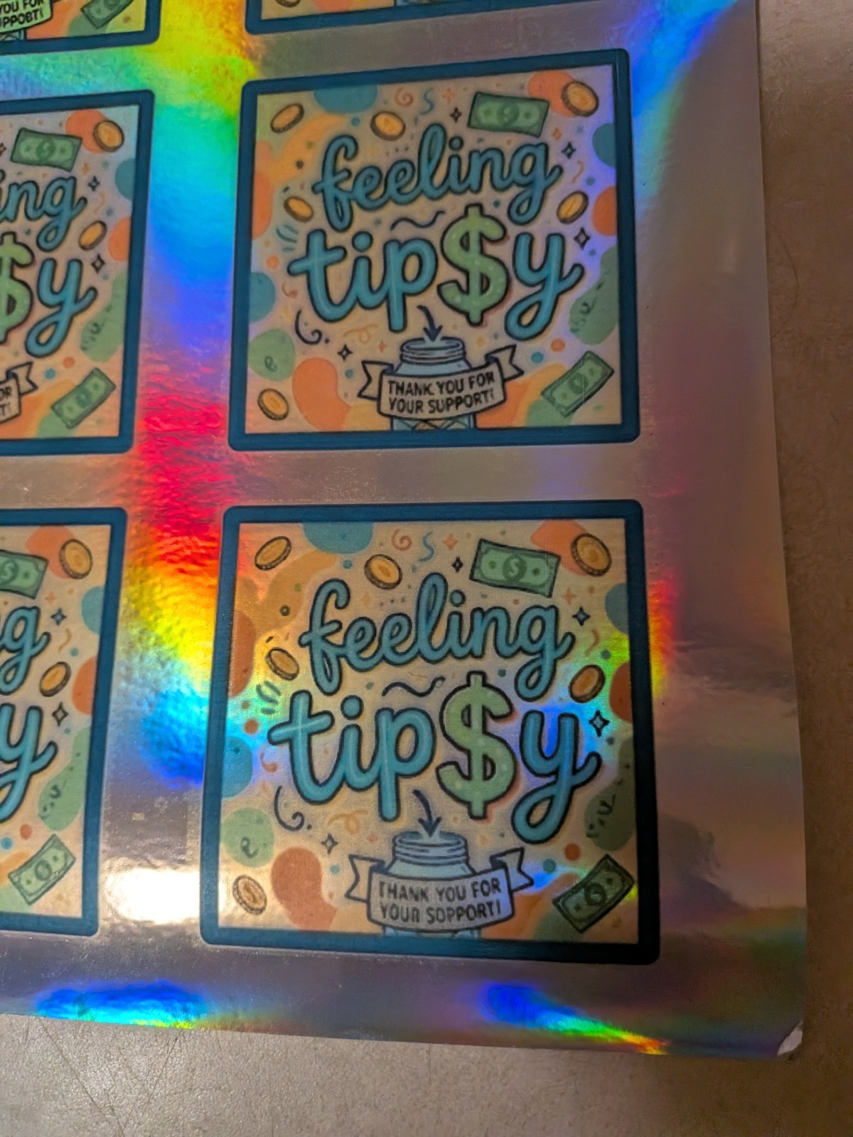 Holographic Feeling Tipsy Sticker Sheet | Tip Jar Stickers Bartender Server Six