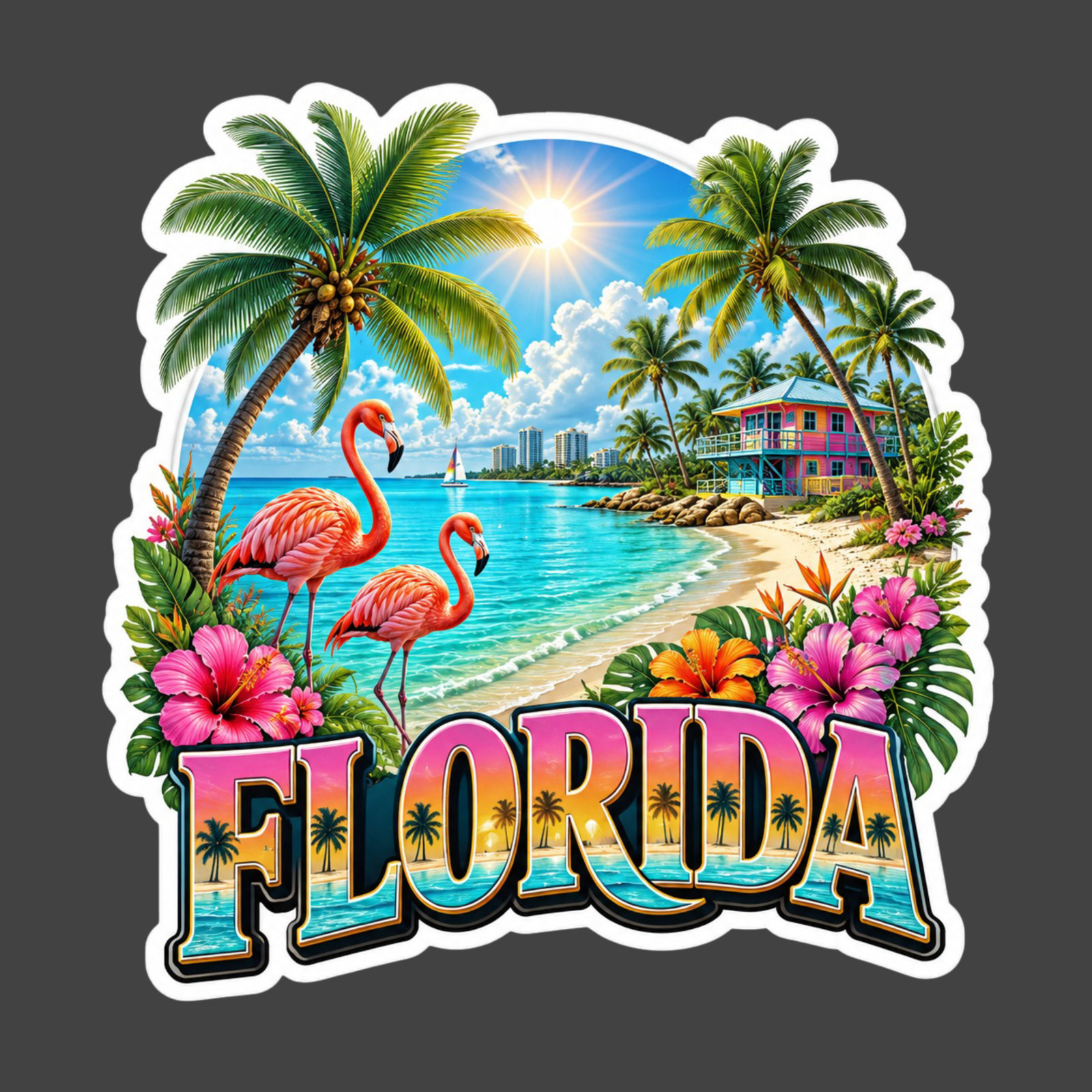 Florida Sticker Vinyl Decal Flamingos Tropical Beach Palm Trees Coastal Paradise