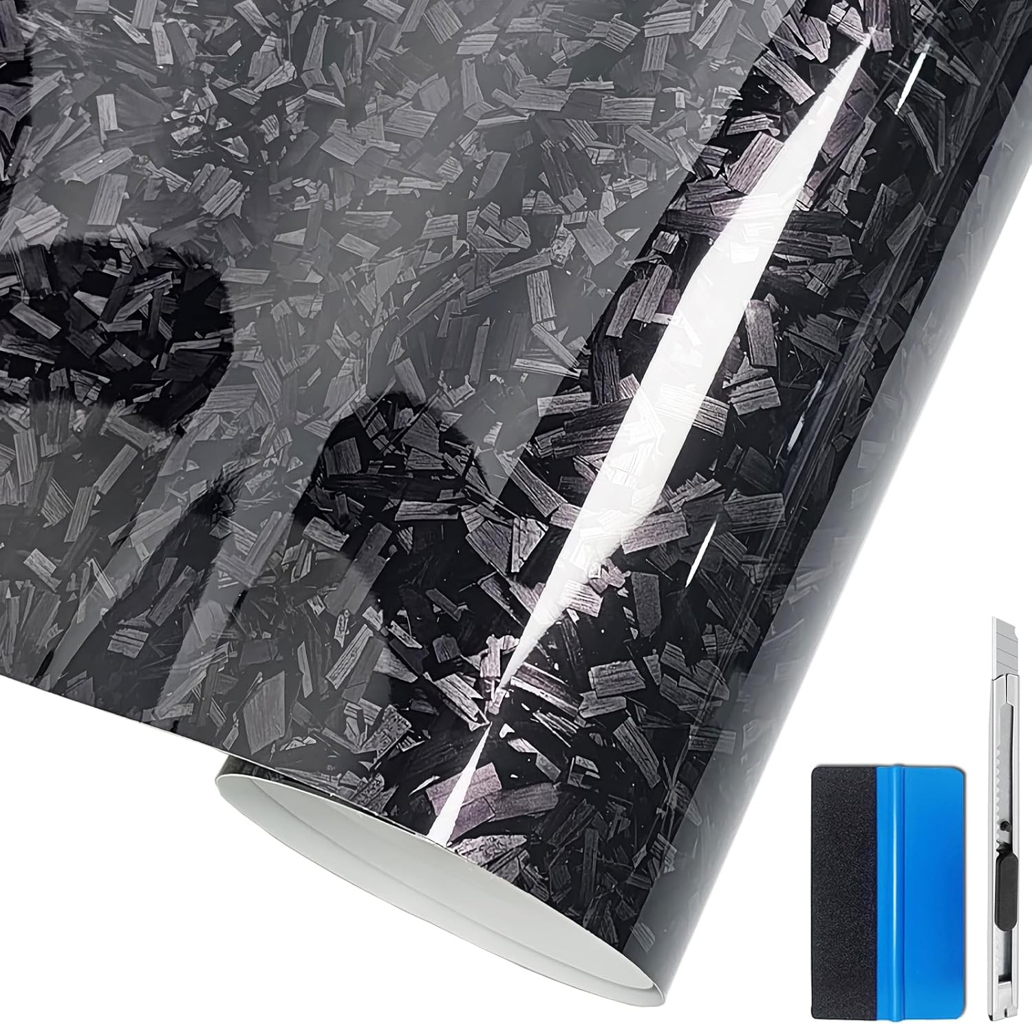 Forged Gloss Carbon Fiber Black Vinyl Wrap Roll Air Release Sticker Sheet Film D