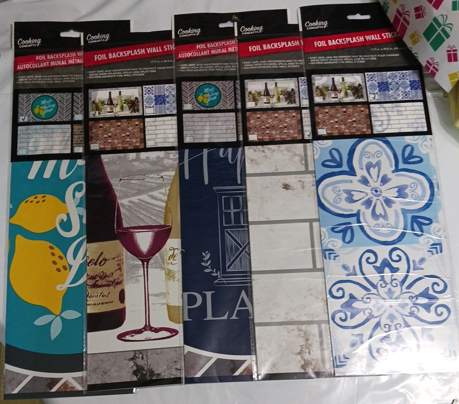 Foil backsplash large wall stickers. 17.7 x 29.5 inches. Lot of 5 patterns. NEW