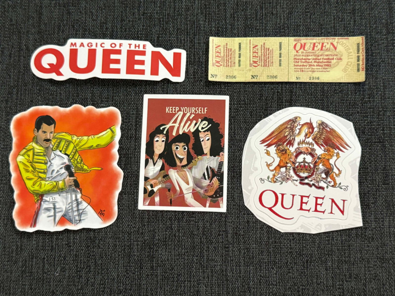 Lot (5) QUEEN Band Freddie Mercury STICKERS 3/4" to 3" FAST! FREE SHIP!