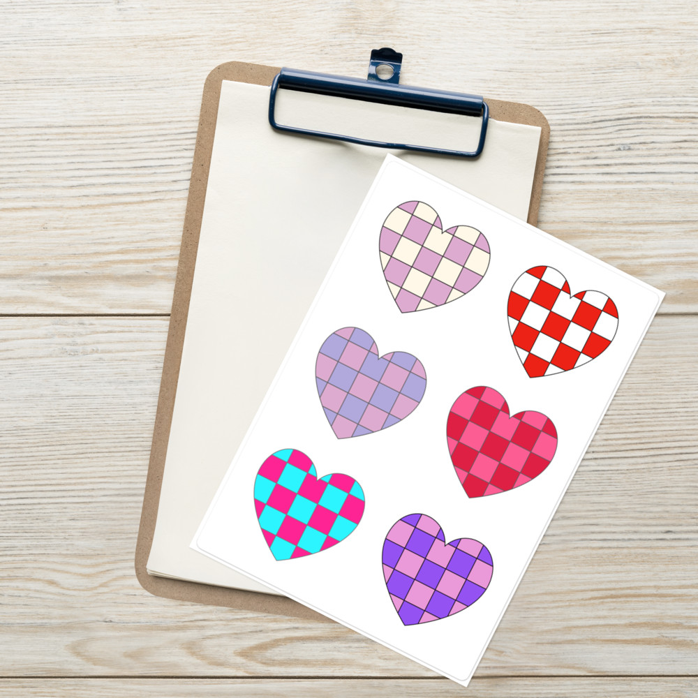 6 Retro Heart Stickers – Hearts Sticker Sheet – Multi-Colored