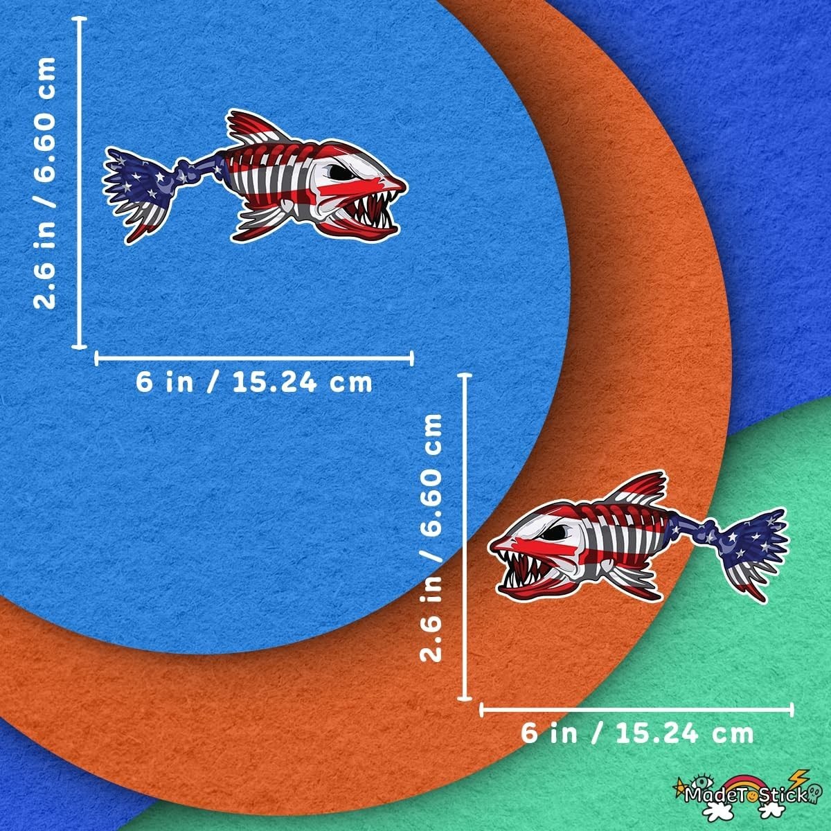 US Flag Skeleton Fish American Fishbone 2-Pack Vinyl Decal Boat Sticker 2.6"x6"