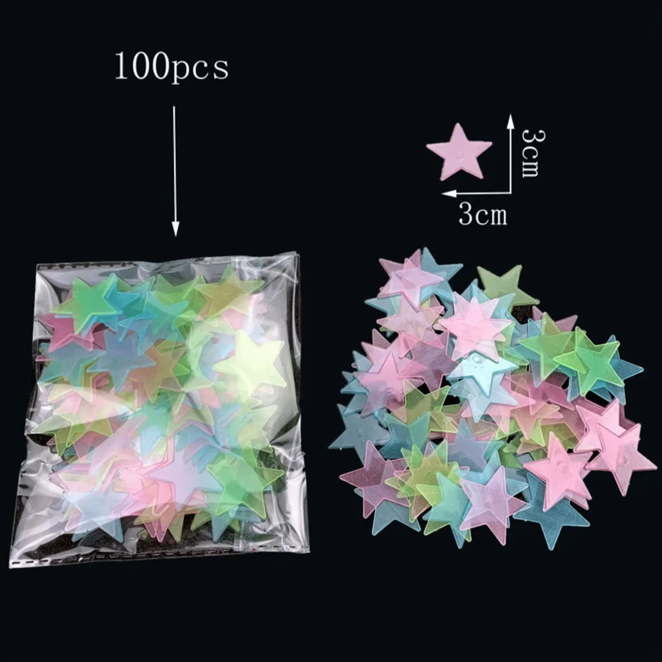100pcs Glow In The Dark Stars Luminous Wall & Ceiling Star Stickers Home Decor