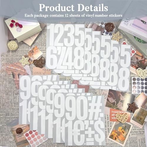 264 Large Number Stickers, 12 Sheets 5 Inch Self-Adhesive Vinyl Number White