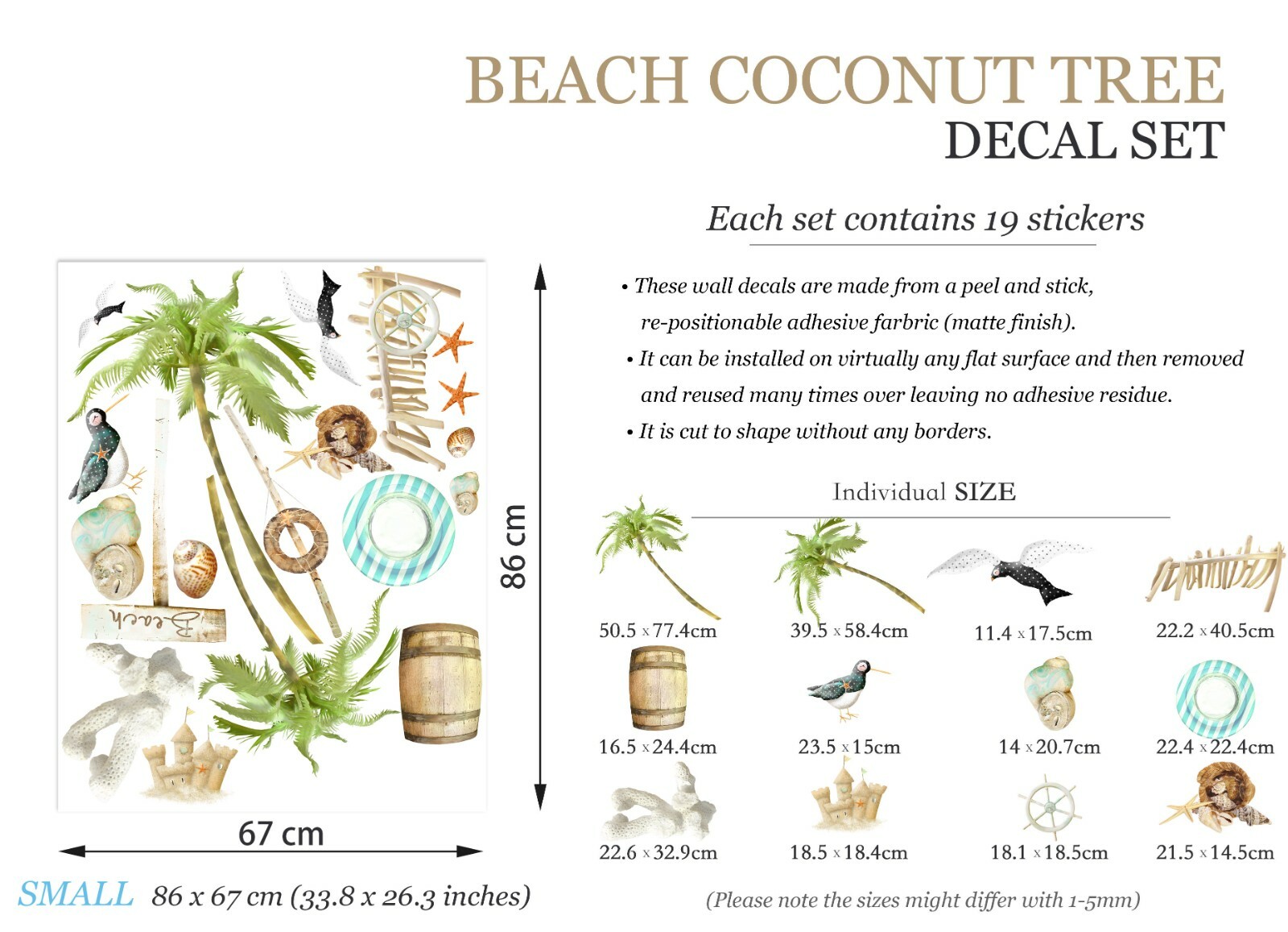 Beach Seagull Coconut Tree Swimming Ring Wall Fabric Decal Set Sticker Boy Decor