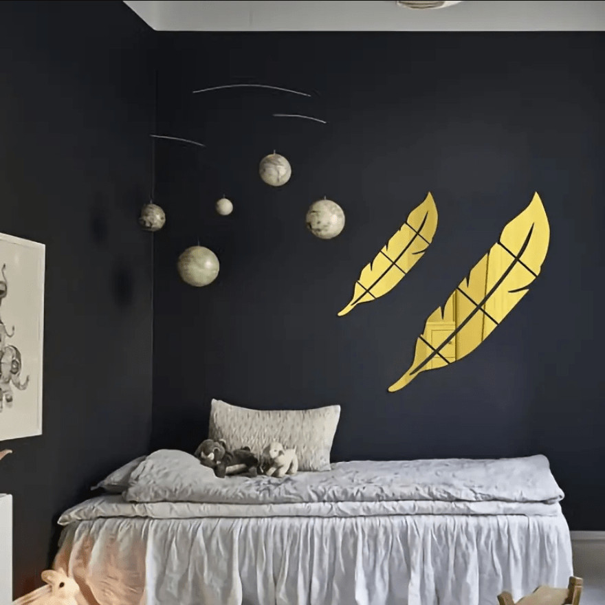 Self Adhesive Feather Mirror Wall Stickers DIY Living Room Headboard Wall Art