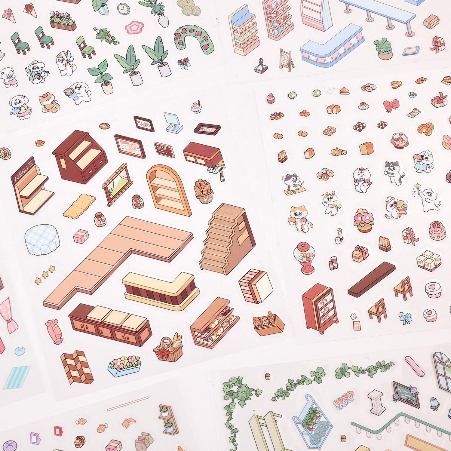DIY 3D House Scene Stickers – 4 Sets, Warm Home, Supermarket, Bakery, Flower Sho