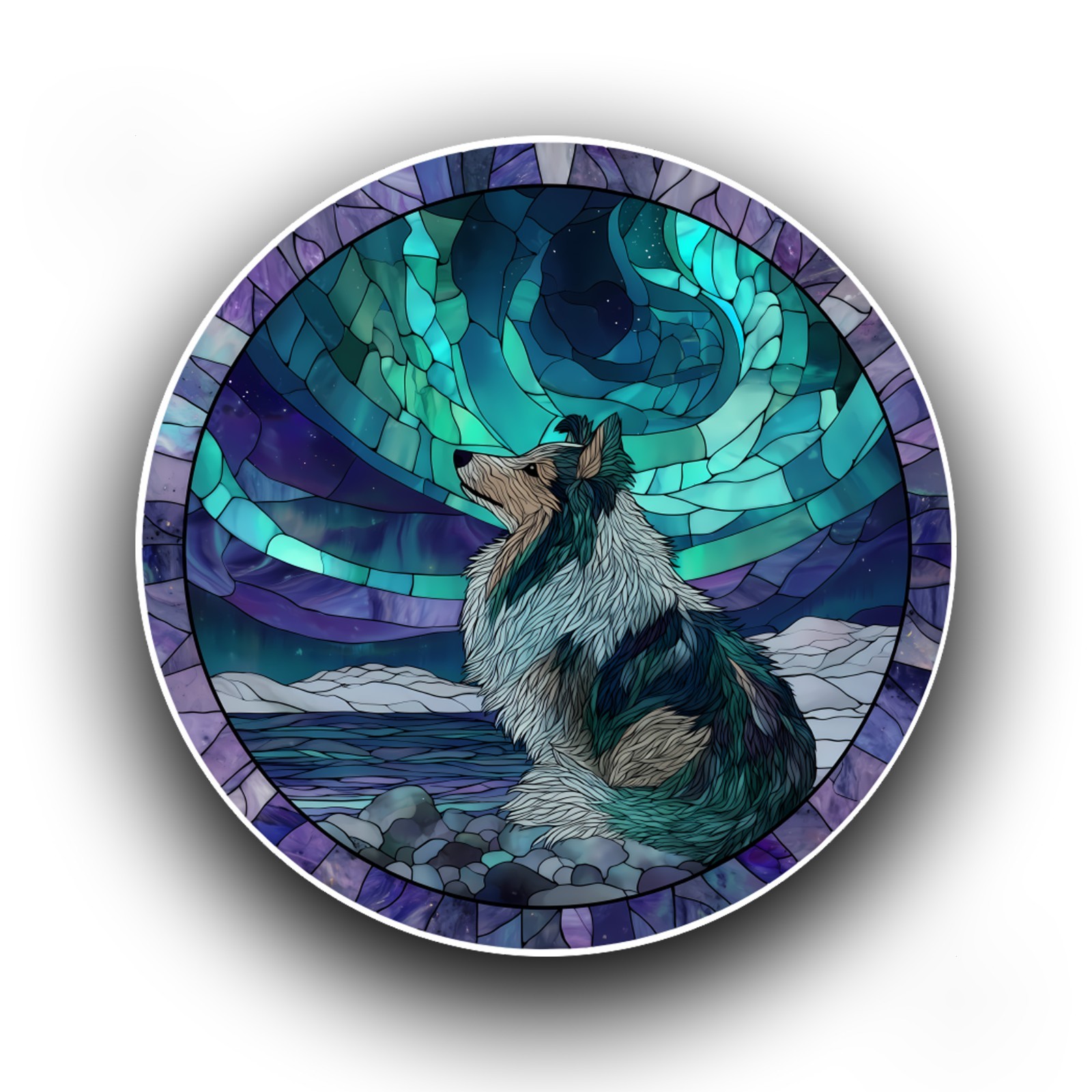 Shetland Sheepdog Northern Light Stained Glass Window Opaque Vinyl Sticker Decal
