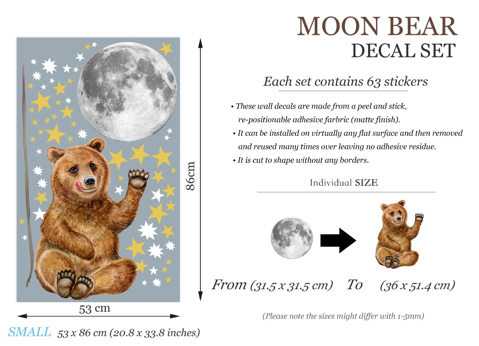 Forest Bear Moon and Stars Woodland Night sky Removable Wall Decal Sticker Decor