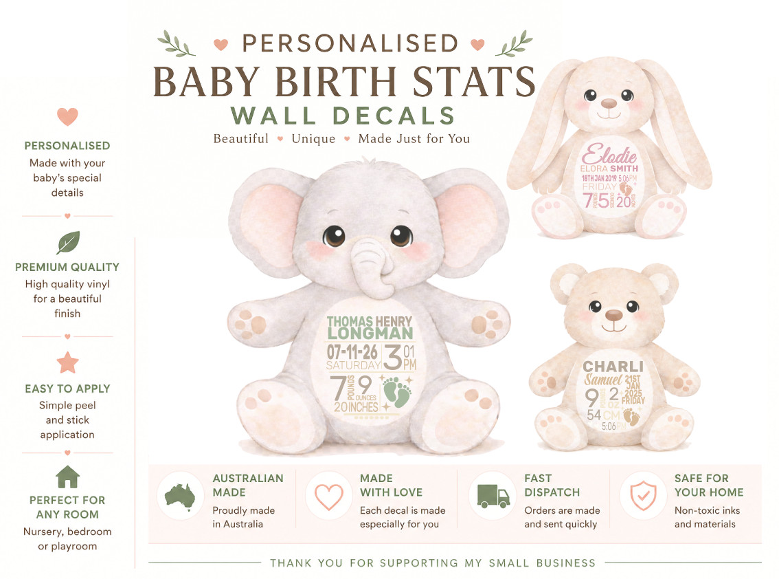 Personalised Baby Birth Stats Name Animal Nursery Removable Wall Decal Sticker