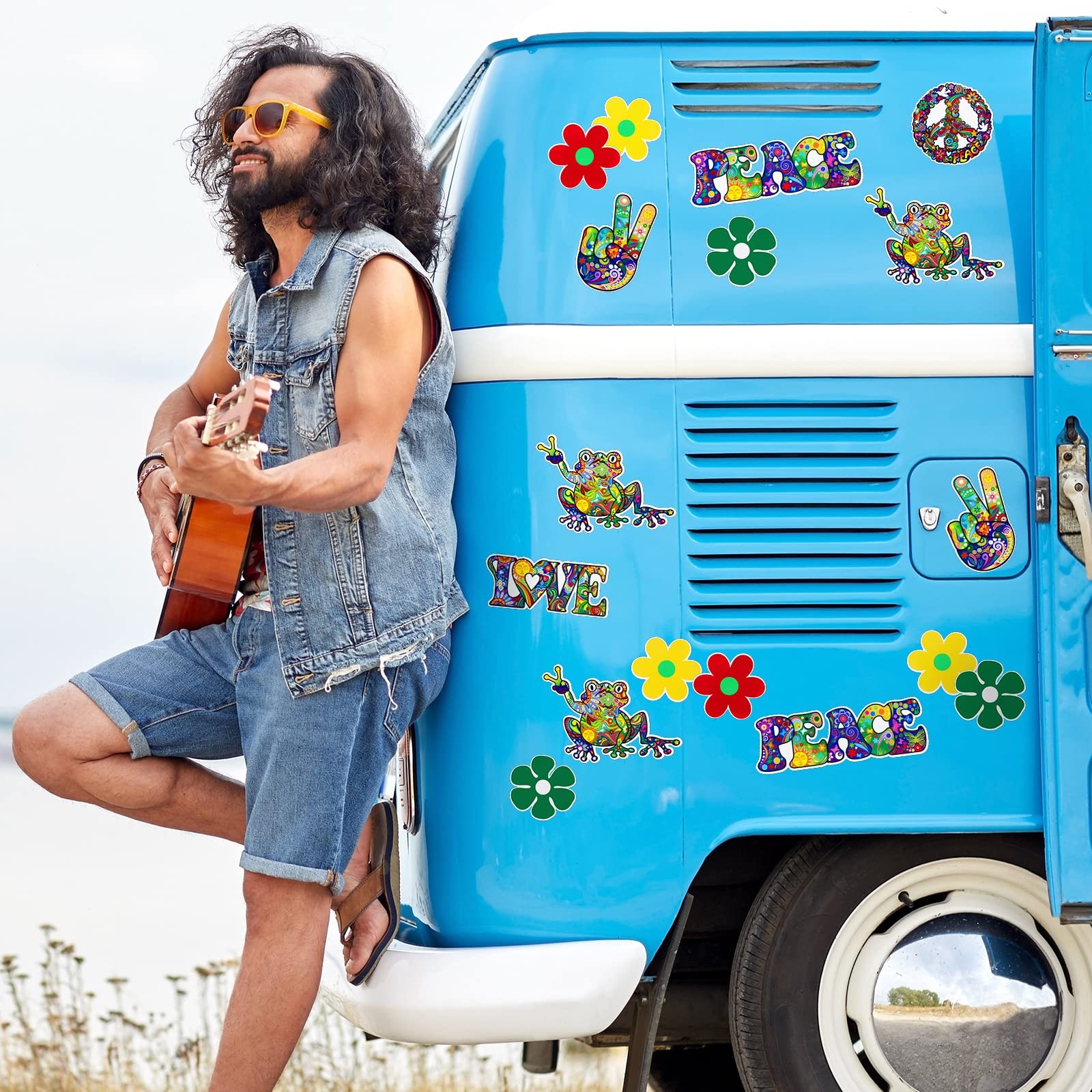 32 Pcs Hippie Theme Car Stickers Cute Peace Multicolor Vinyl Decals Pack