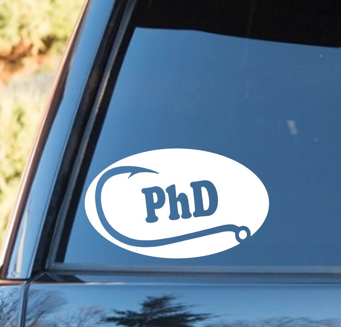 PhD Fishing Hook Oval Decal Sticker Rod Reel Bait Casting Braided Line Art E1061