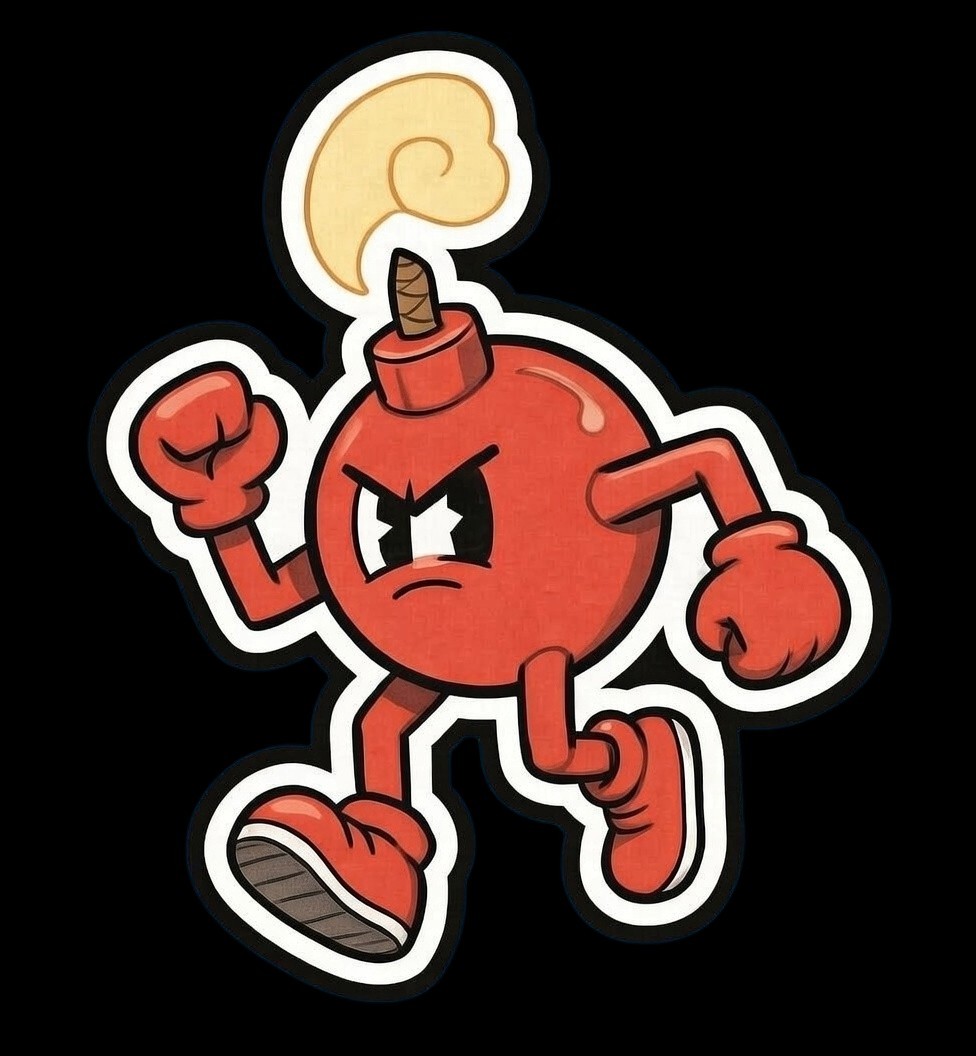 Cartoon Bomb Graphic Sticker – Red White Black Bomber Man 3×3