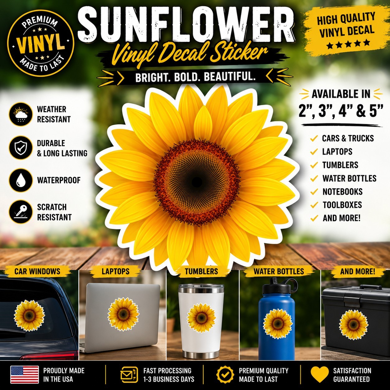 Yellow Sunflower Vinyl Decal Sticker Car Window Laptop Tumbler 2 3 4 5 Inch