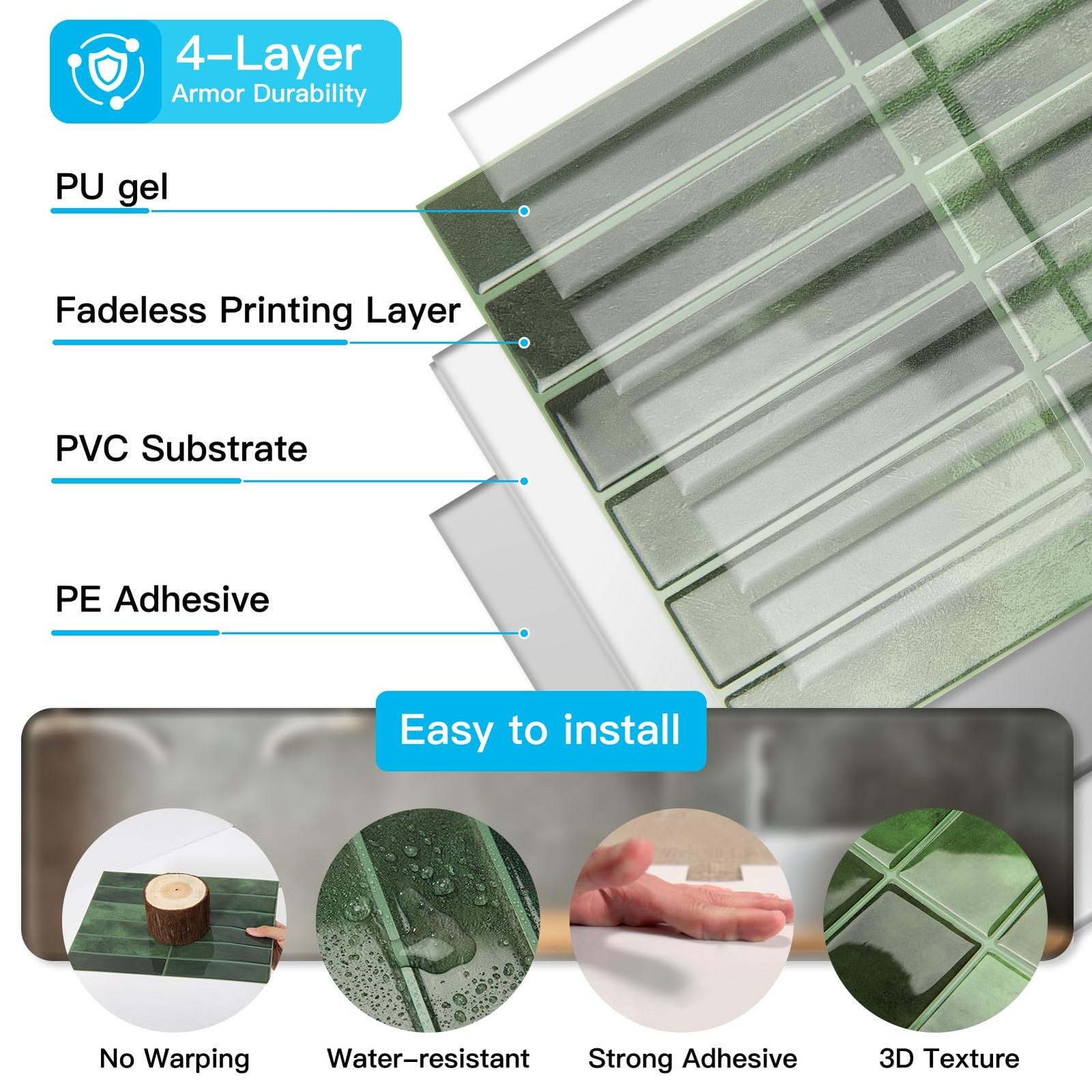 Art3d 11.4 x 9 Inch Heavy-Duty Peel and Stick Backsplash x 9 Inch, Green