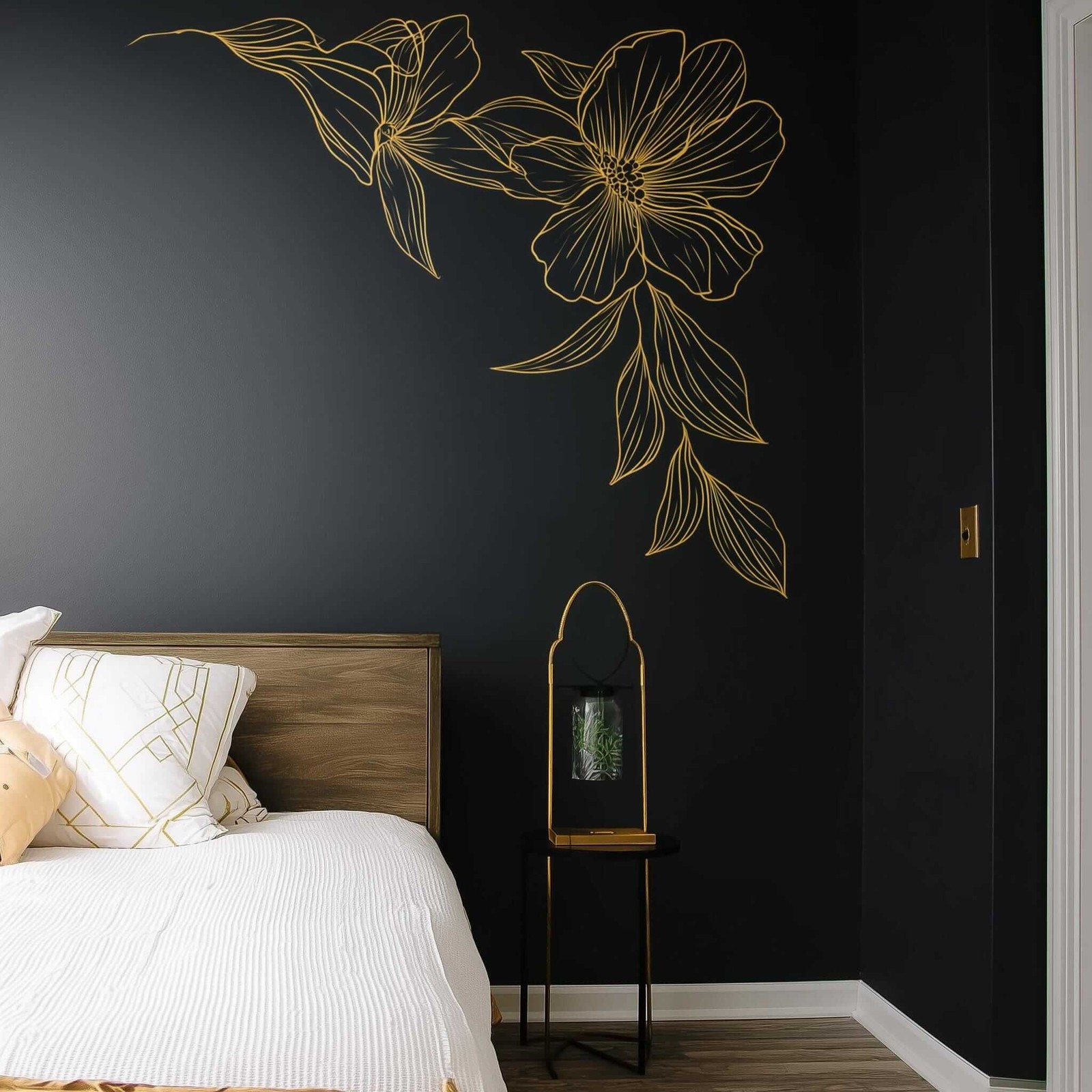 Gold Floral Corner Wall Decal | Minimalist Line Art Flower Wall Sticker