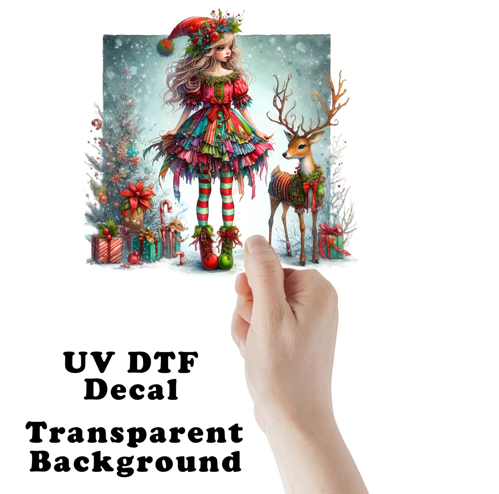 Christmas Girl Elf and Reindeer Five UV DTF Transparent Sticker / Decal