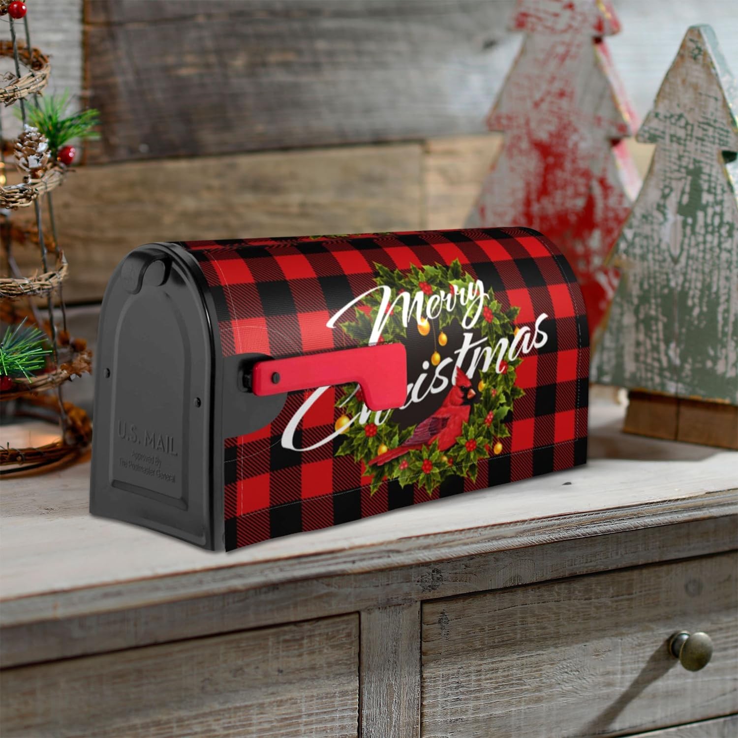 Merry Christmas Magnetic Mailbox Cover – Winter Xmas Wreath Red One Size,