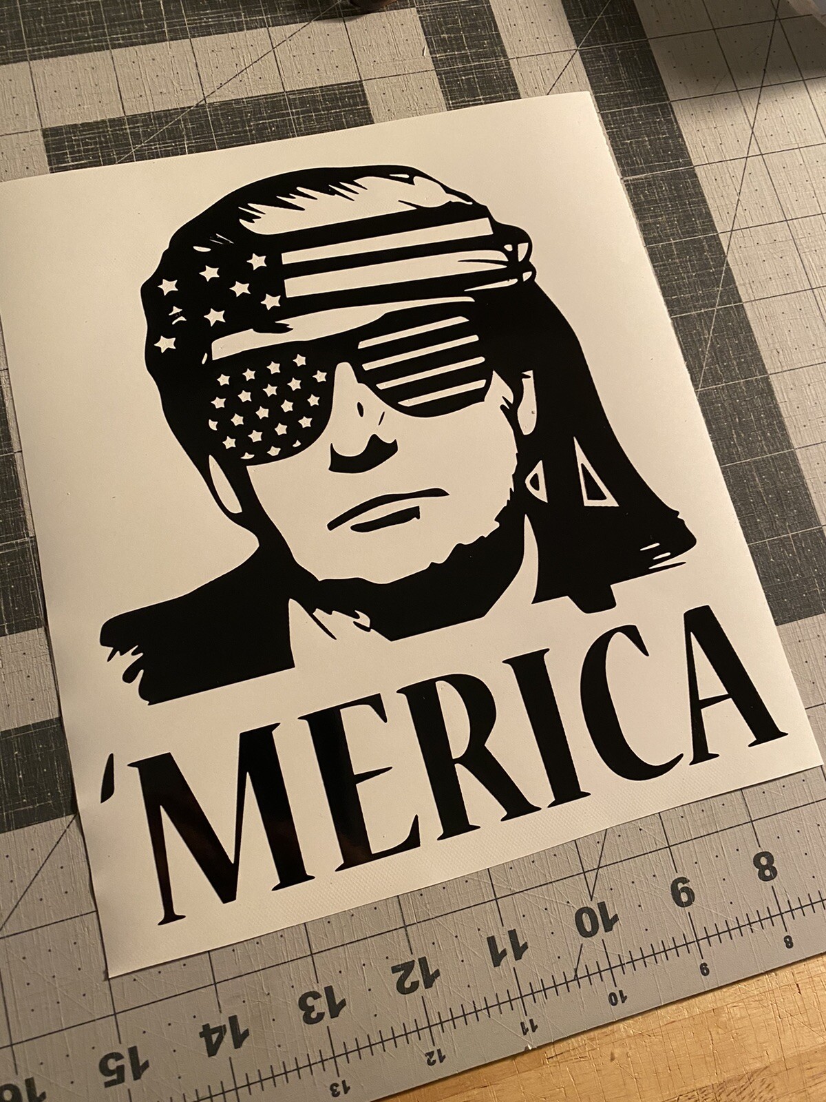 Vinyl Decal – 'Merica Trump w/ Sunglasses, Stars & Stripes, Various Colors Sizes