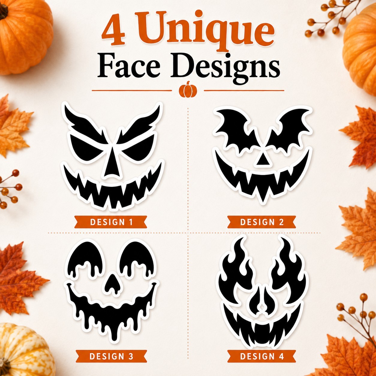 Halloween Pumpkin Face Sticker Set | 4 Reusable Jack-O'-Lantern Vinyl Decals