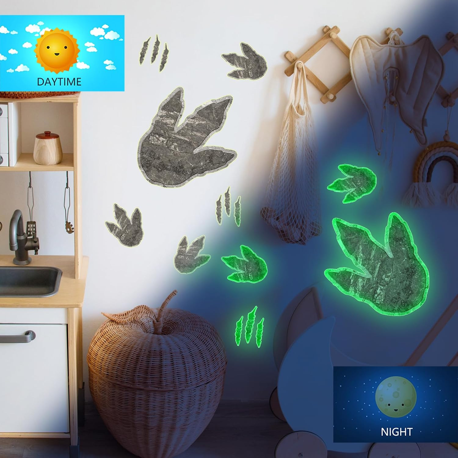 Vancoup Glow in the Dark Dinosaur Footprints Wall Decals | Cute Dino Tracks Wall