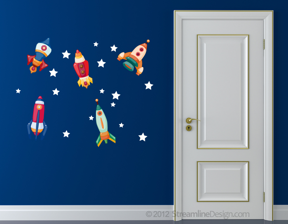 Printed Rockets with Stars Removable Matte Vinyl Wall Art – Set One outer space