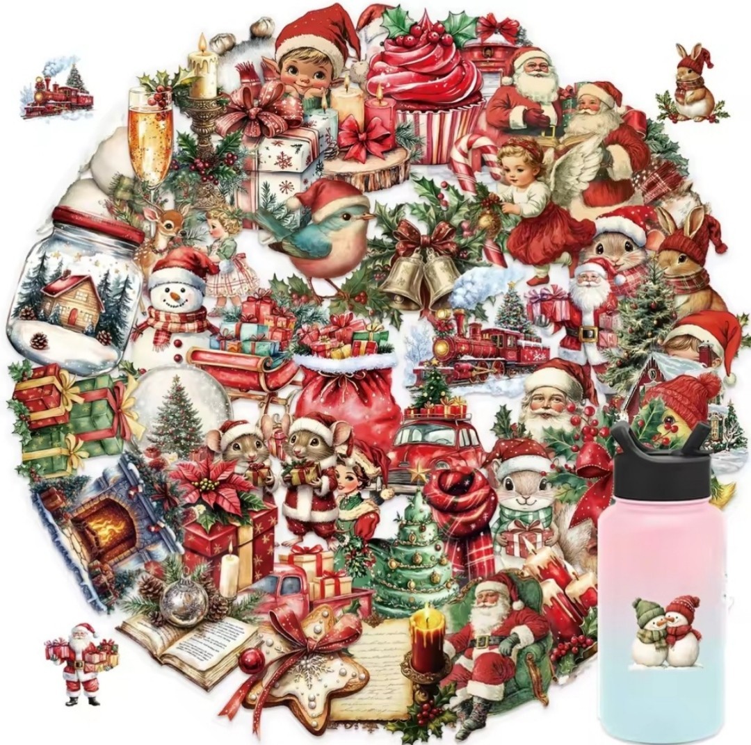 10 PCS Vintage Retro Christmas Holiday Season PET Stickers BRAND NEW