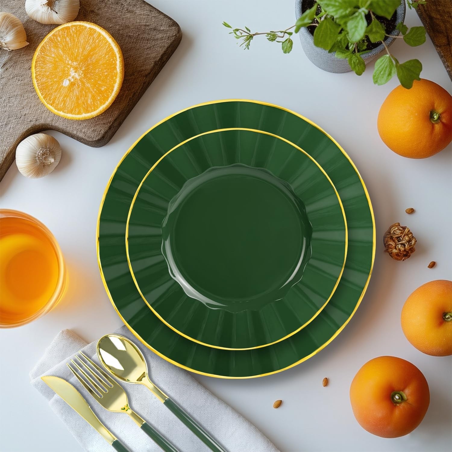 150Pcs Plastic Plates with Gold Rim,Heavy Duty Green Plates for 30 Guests,Pla…