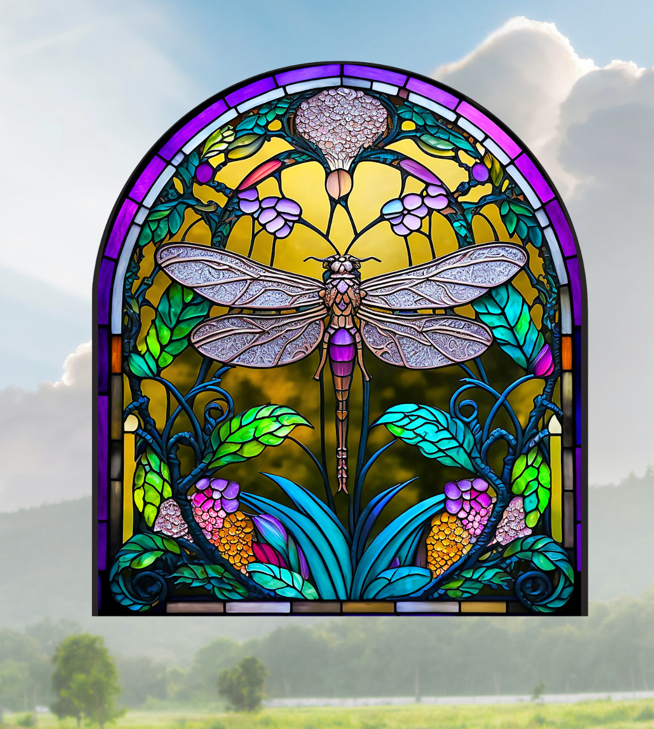 Dragonfly Faux Stained-Glass WINDOW CLING Size 9" Arch Shaped Vinyl