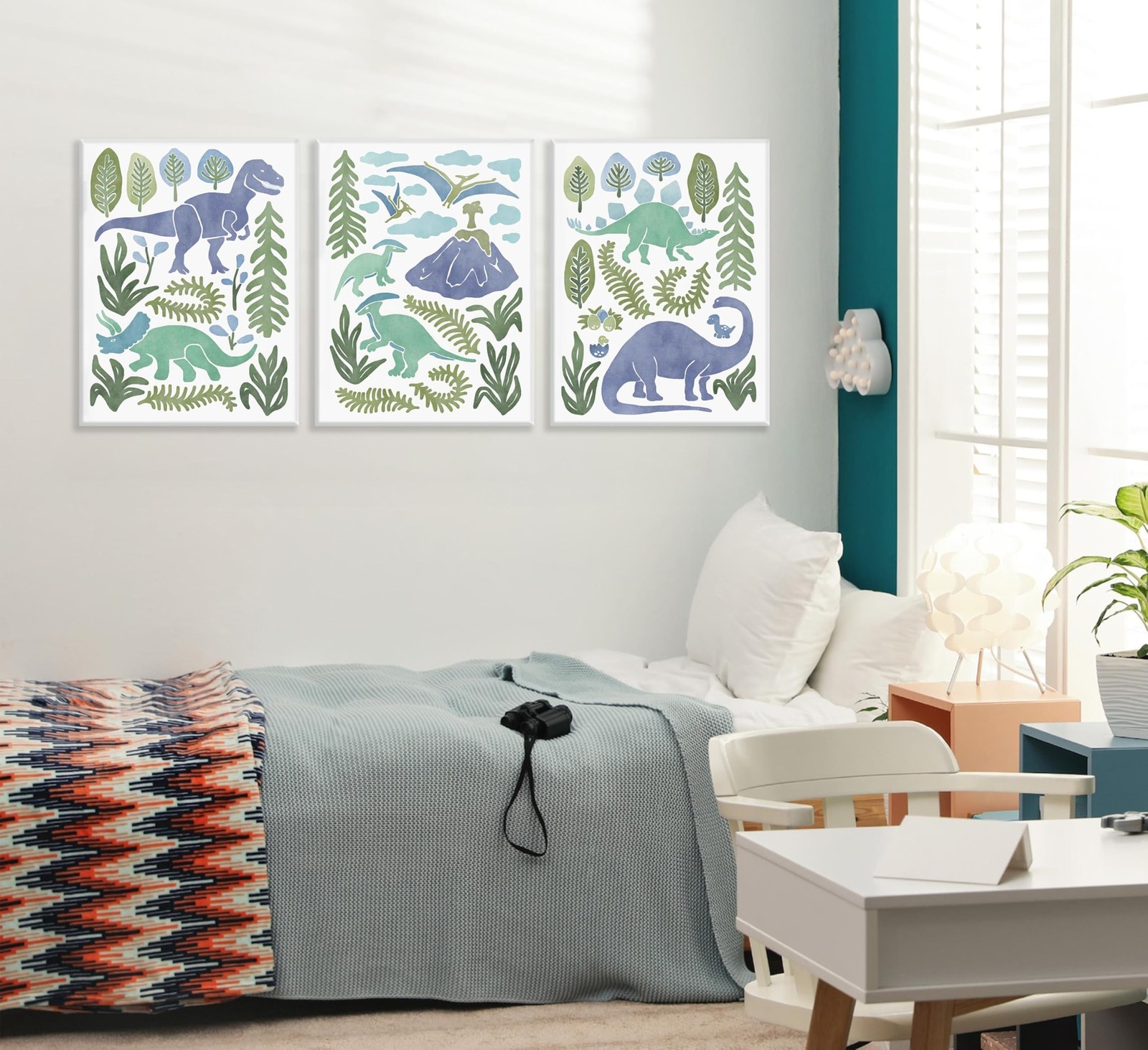Baby Boys Nursery Wall Art Blue Green Dinosaur Pictures Wall Decor Stegosauru…