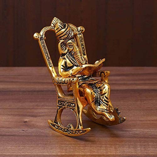 Aluminium Handcrafted Ganpati Sitting on Chair Idol Lord Ganesha Reading Ramayan