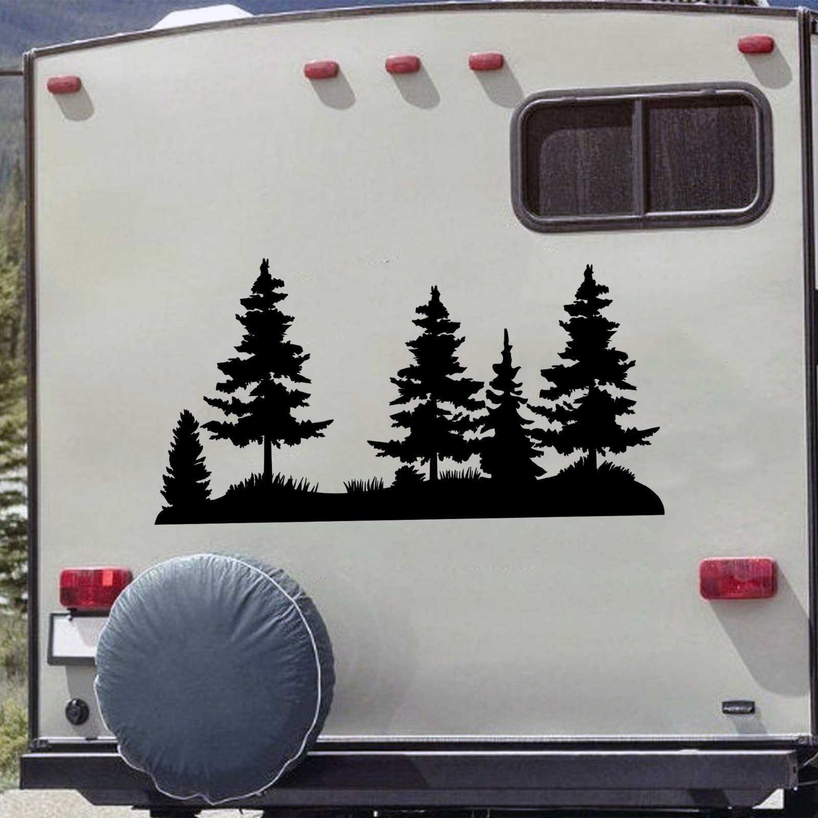 Pine Tree Landscape Scene Vinyl Decal V2 – Forest Silhouette Sticker – 20 Colors