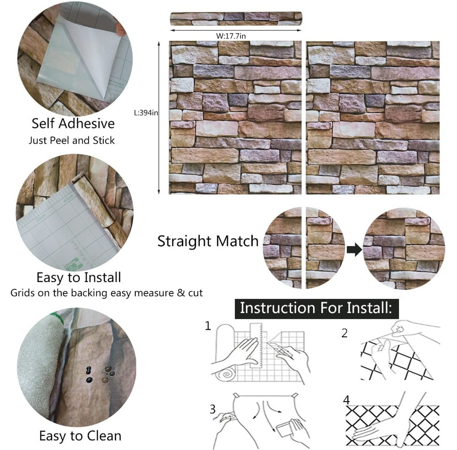 Peel and Stick Faux Brick Stone Wallpaper, 17.7" x 394" Removable Textured Ro…