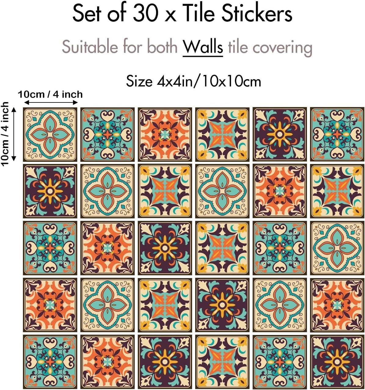 Vibrant Bohemian Tile Wall Stickers – 30-Pack Waterproof & Residue-Free, 4×4"