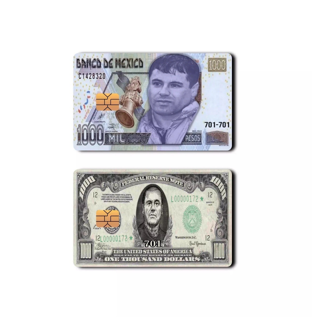 El Chapo 1000 Pesos Card Skin 2-Pack Banknote Narco Culture Tribute Decal