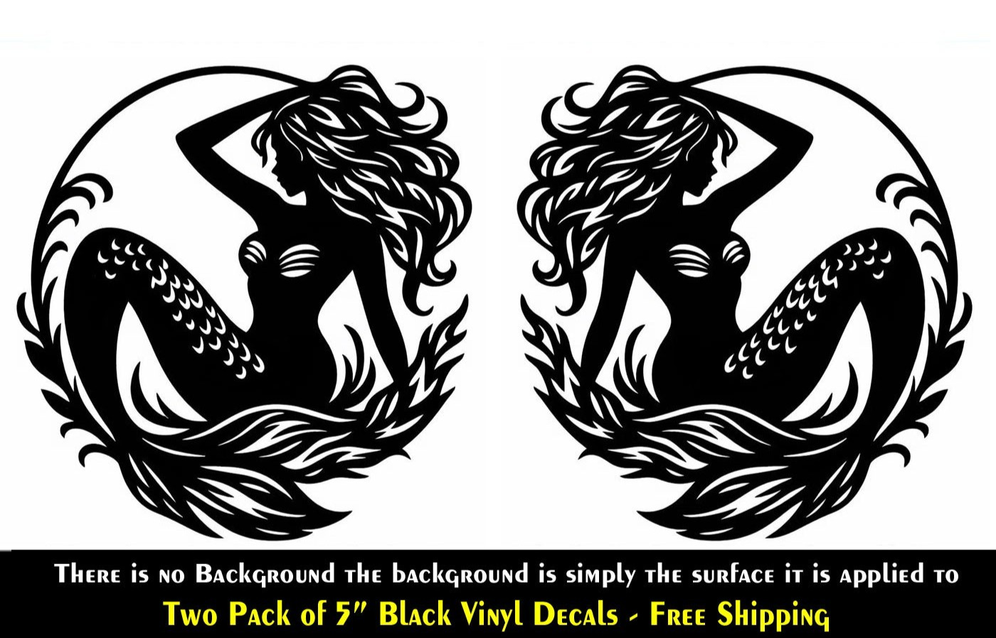 Mermaid Graphic Two Pack 5" Black Vinyl Decals Car Door Any Flat Surface