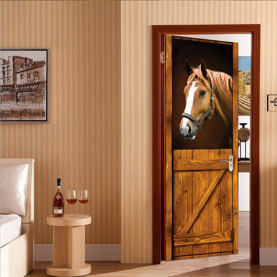 3D Self Adhesive Vintage Stable Horse Door Sticker Wall Decor Mural Wallpaper